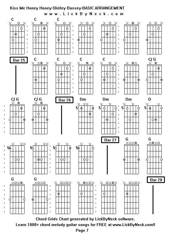 Chord Grids Chart of chord melody fingerstyle guitar song-Kiss Me Honey Honey-Shirley Bassey-BASIC ARRANGEMENT,generated by LickByNeck software.